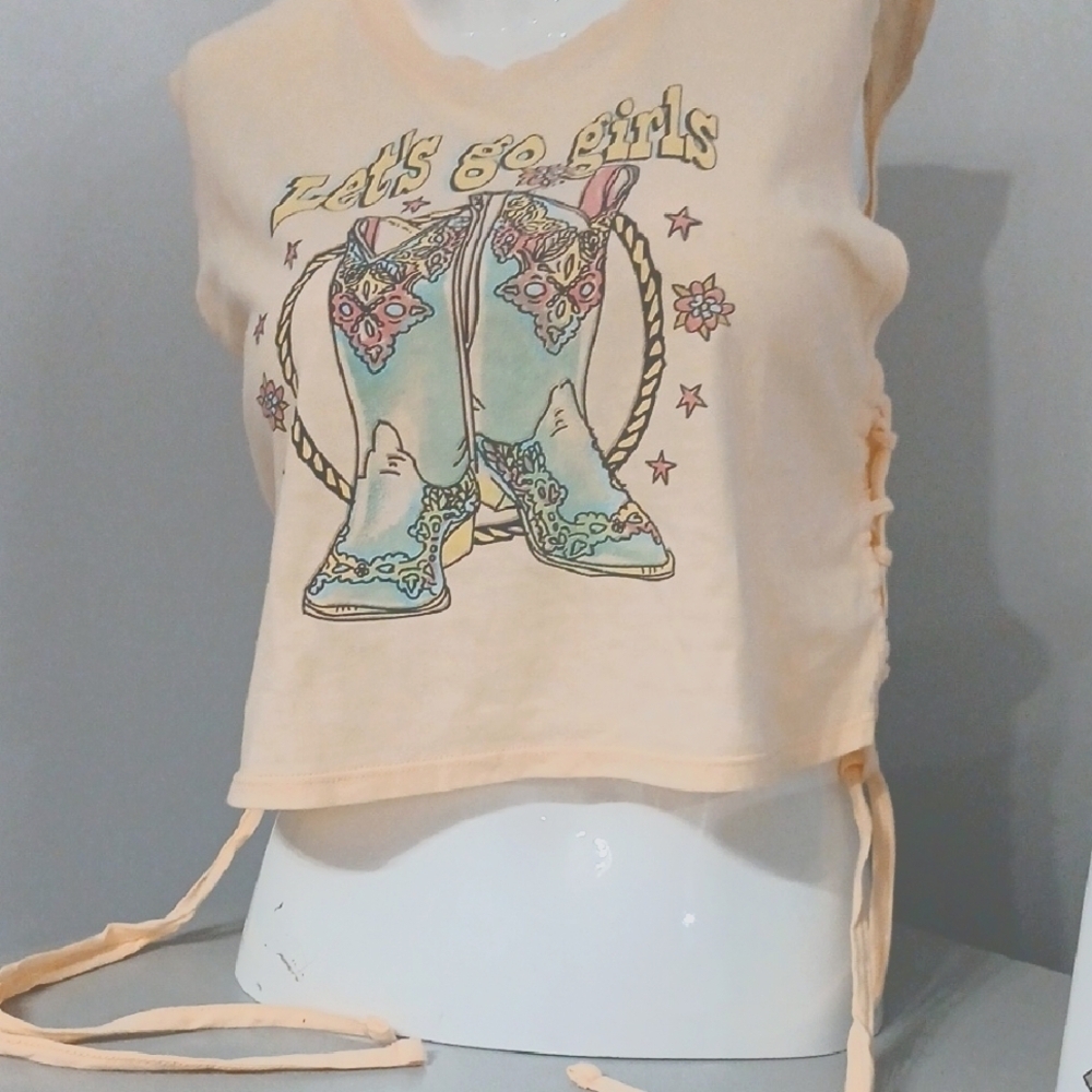 Cropped sleeveless top, let's go girls logo, peach color, pre-loved excellent co